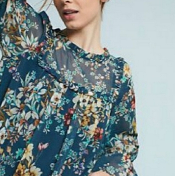 Anthropologie Tops - Anthropologie Eri + Ali Blue Boho Floral Velma Blouse Top Size Small Long Sleeve